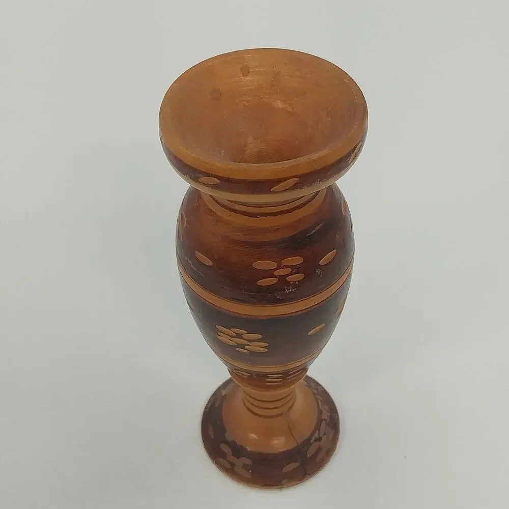 Hand Crafted Wooden Bud Vase Brown Carved Detailed Inlay Folk Art 6.9